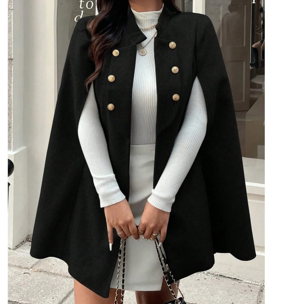 Plus Solid Button Detail Cape Jacket Coat - Picture 2 of 10